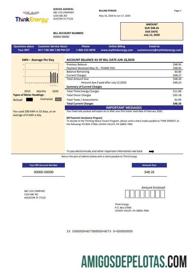 Em branco modelo de conta de serviços públicos de energia dos EUA em formato Word e PDF